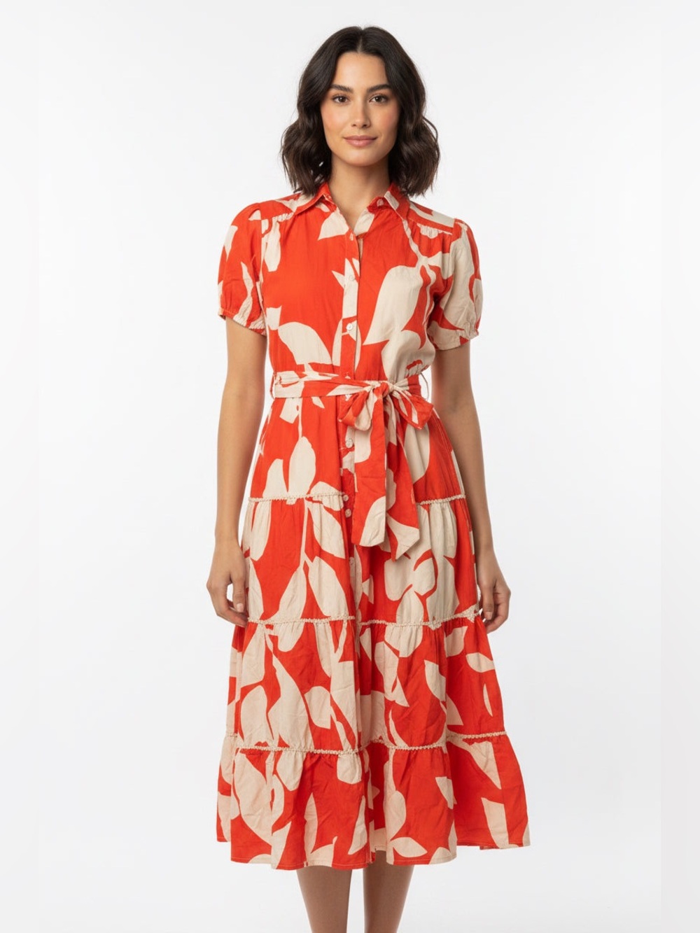 Tie-Waist Midi Shirt Dress in Orange and Cream Leaf Print